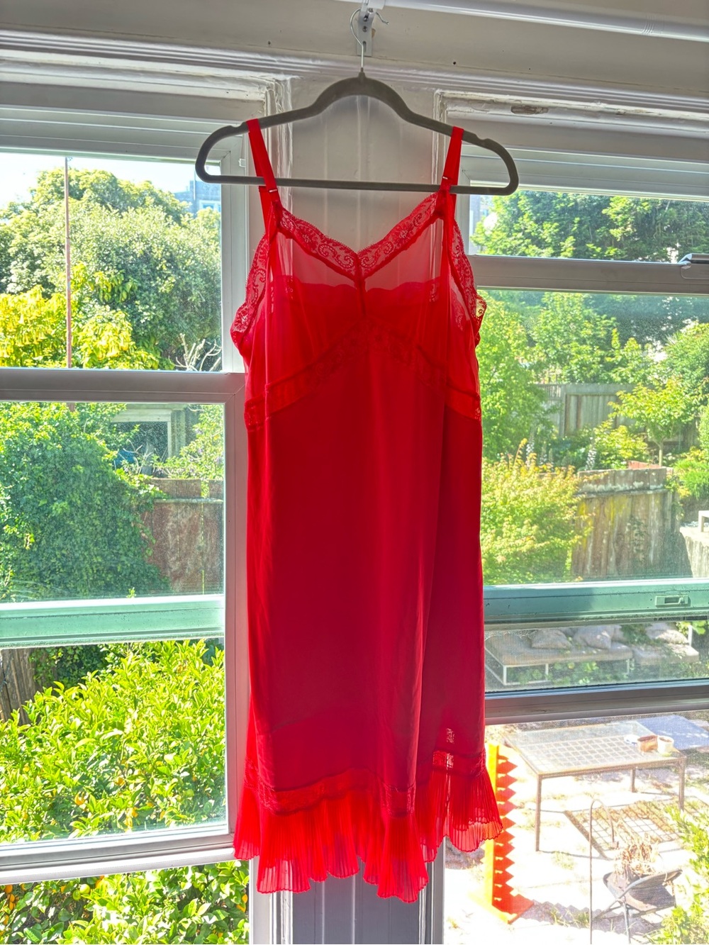 Vintage Red Sheer Lace Slip Dress Romantic sheer mesh floral lace pleated hem